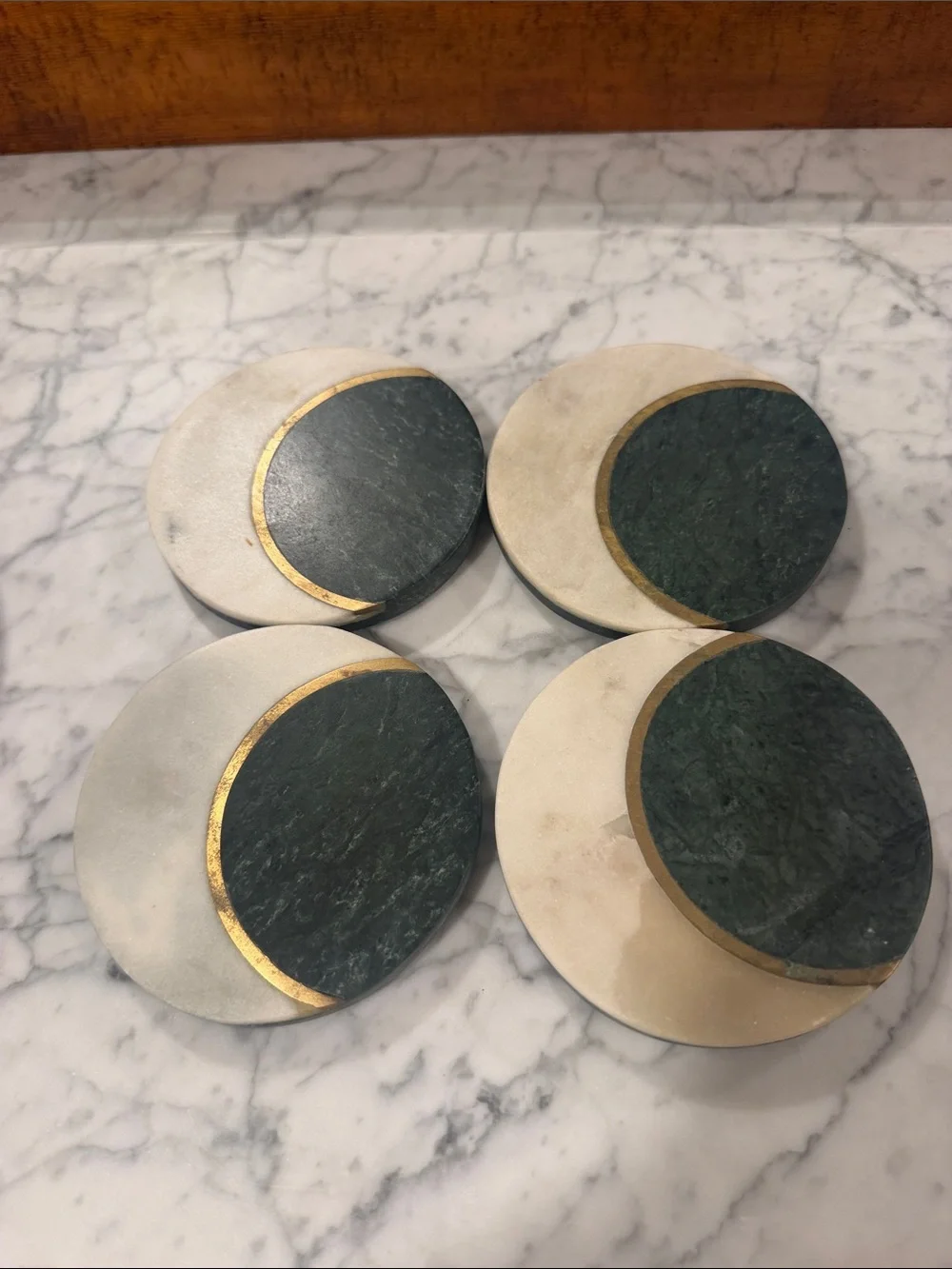Elegant Green and Cream Marble Coaster Set with Gold Accent